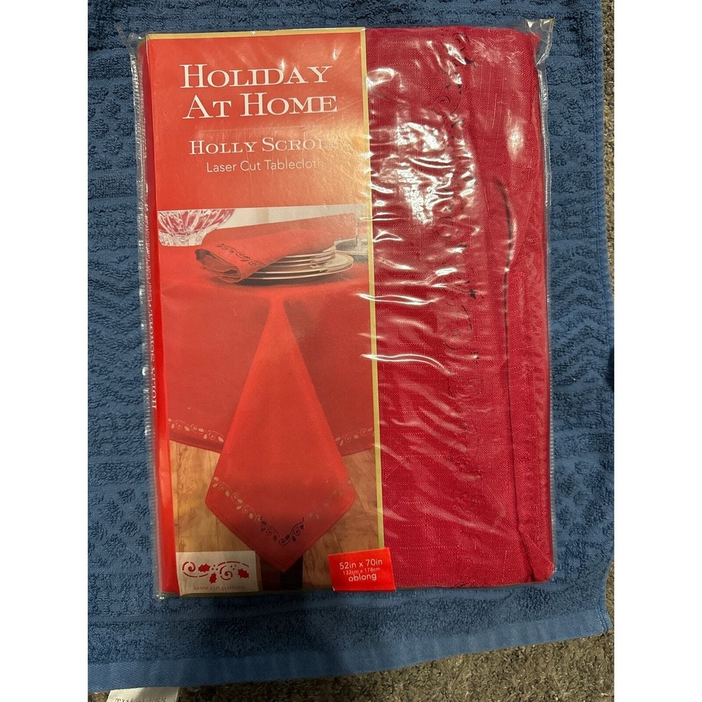 Holiday At Home Holly Scroll laser‎ cut tablecloth. 52x70 oblong